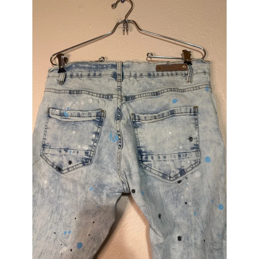Evolution In Design Mens Moto Jeans 32x30 Acid Wash Paint Splatter Slim Fit Blue